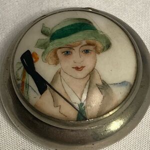 Vintage Silver And Porcelain Pill/trinket Box With Woman’s Portrait And Mirror
